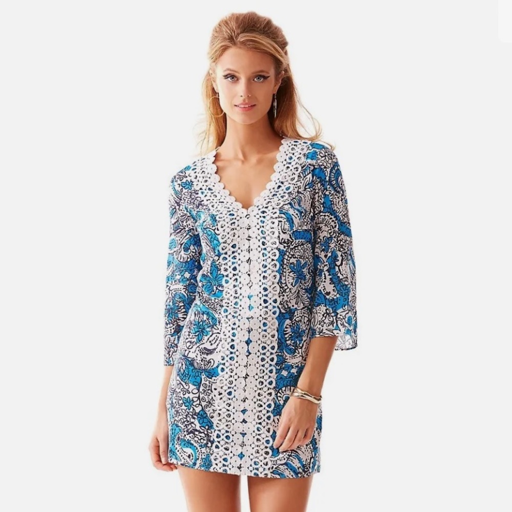 Lilly Pulitzer Brooke Ariel Blue Hippy Hippy Shake Lace Front Tunic Dress